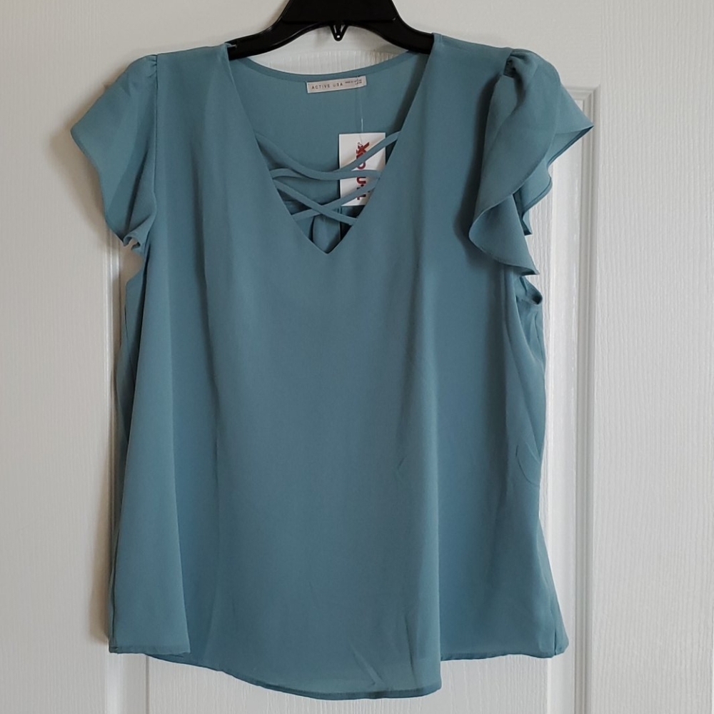 Light blue / Light teal flutter sleeve blouse